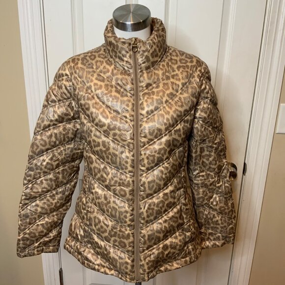 Calvin Klein Brown & Tan Leopard Animal Print Packable Down Jacket, Size Medium - Picture 1 of 6
